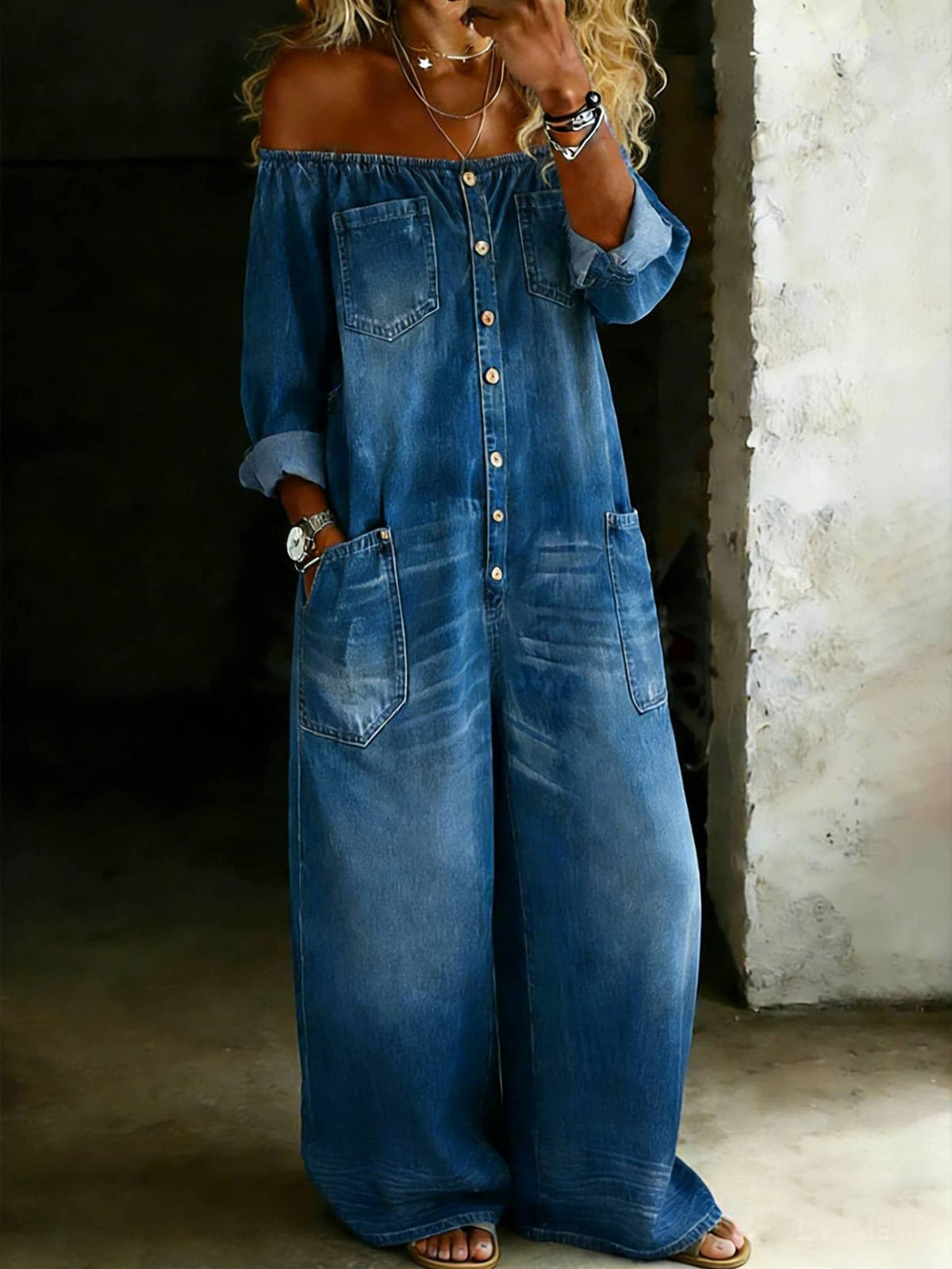 💝💝Women's Casual Long-sleeved Washed Cotton Denim Jumpsuit
