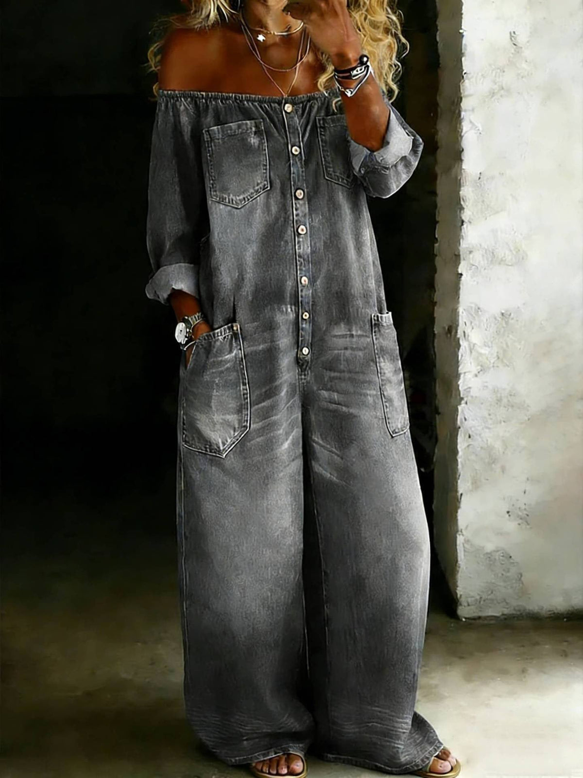 💝💝Women's Casual Long-sleeved Washed Cotton Denim Jumpsuit