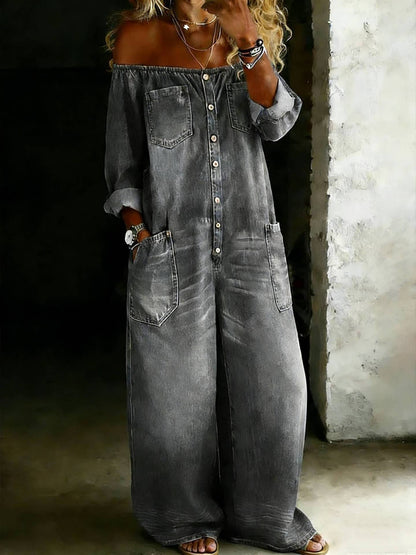 💝💝Women's Casual Long-sleeved Washed Cotton Denim Jumpsuit