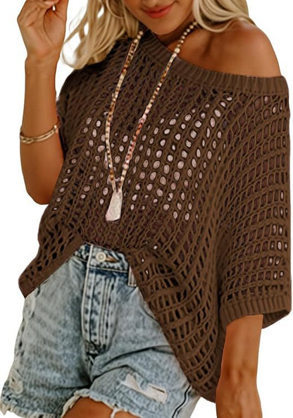 Crochet Hollow-Out Knit Top – 3/4 Sleeve, Lightweight Summer Pullover