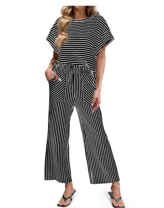Striped Knit Lounge Set – Short Sleeve Top & Drawstring Shorts, Relaxed Fit, with Pockets