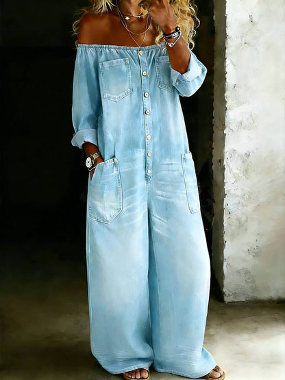 💝💝Women's Casual Long-sleeved Washed Cotton Denim Jumpsuit