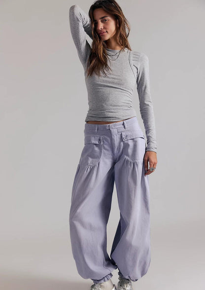 Women's High-Waisted Baggy Denim Cargo Jeans with Drawstring Hem