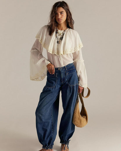 Women's High-Waisted Baggy Denim Cargo Jeans with Drawstring Hem