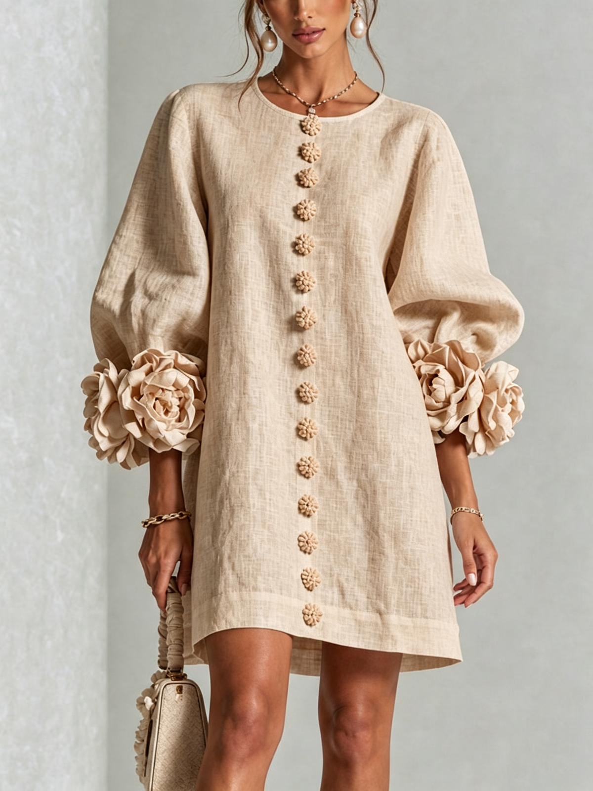 🔥1 pc $19.99！💝💝White Floral Button-down Mini Dress With Striking Floral Cuffs