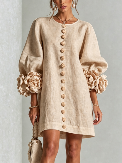 🔥1 pc $19.99！💝💝White Floral Button-down Mini Dress With Striking Floral Cuffs