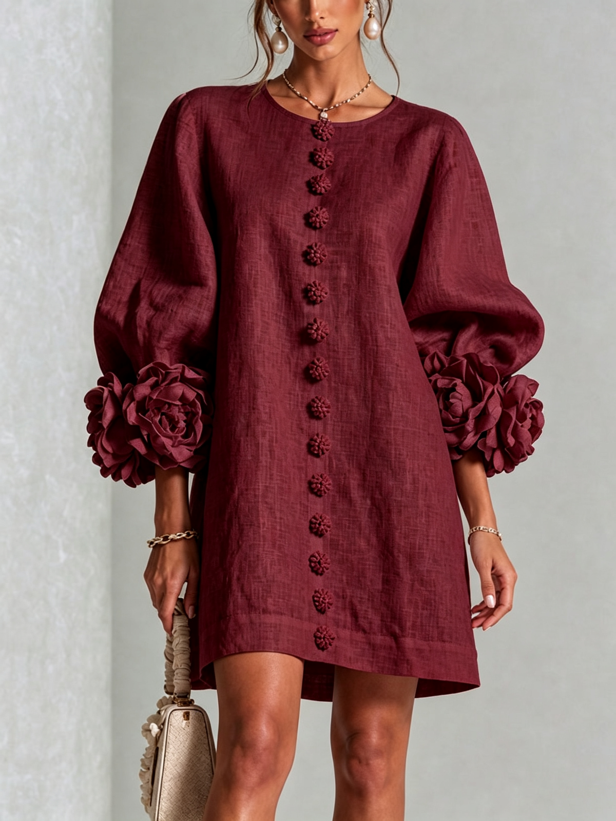 🔥1 pc $19.99！💝💝White Floral Button-down Mini Dress With Striking Floral Cuffs