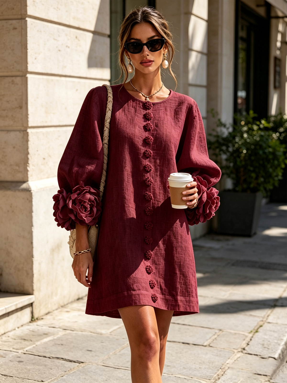 🔥1 pc $19.99！💝💝White Floral Button-down Mini Dress With Striking Floral Cuffs
