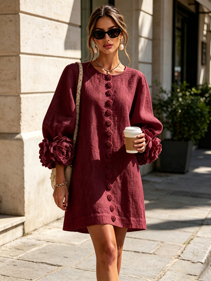 🔥1 pc $19.99！💝💝White Floral Button-down Mini Dress With Striking Floral Cuffs