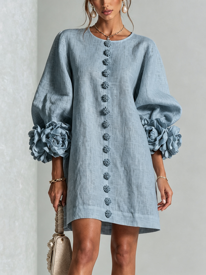 🔥1 pc $19.99！💝💝White Floral Button-down Mini Dress With Striking Floral Cuffs
