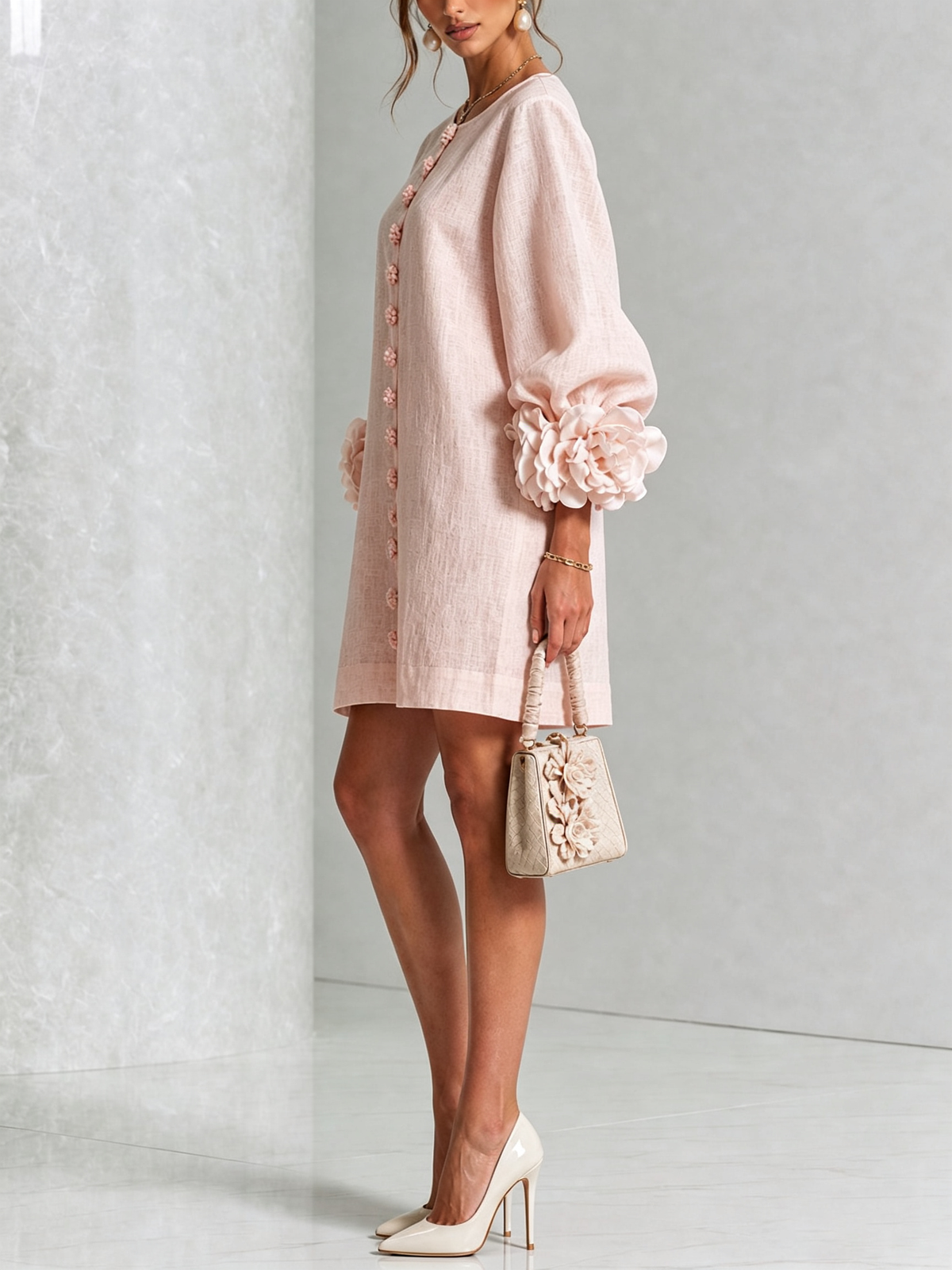 🔥1 pc $19.99！💝💝White Floral Button-down Mini Dress With Striking Floral Cuffs