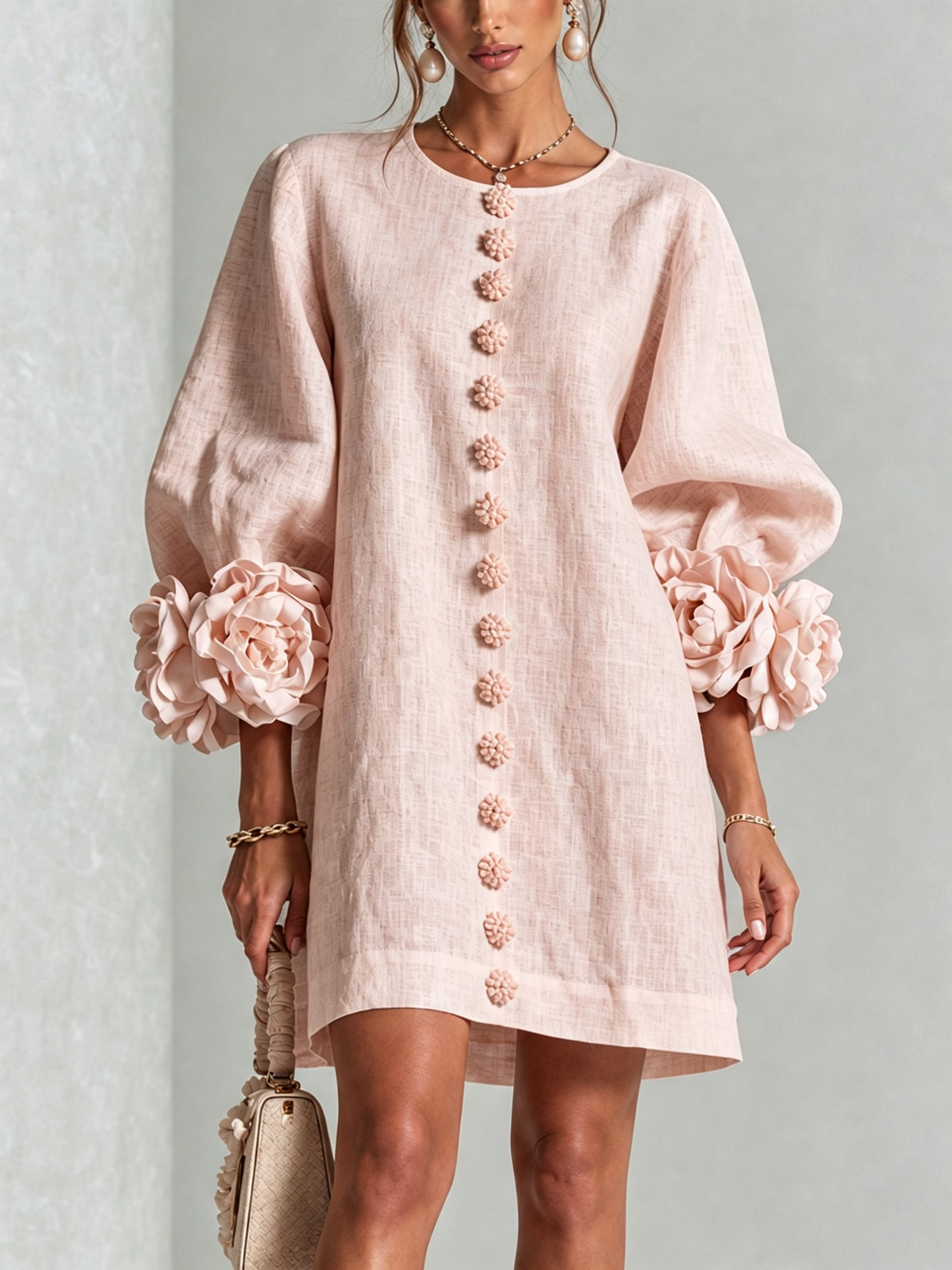 🔥1 pc $19.99！💝💝White Floral Button-down Mini Dress With Striking Floral Cuffs