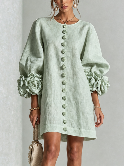 🔥1 pc $19.99！💝💝White Floral Button-down Mini Dress With Striking Floral Cuffs