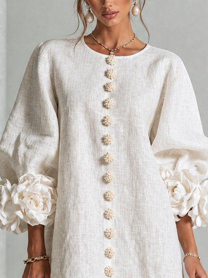 🔥1 pc $19.99！💝💝White Floral Button-down Mini Dress With Striking Floral Cuffs