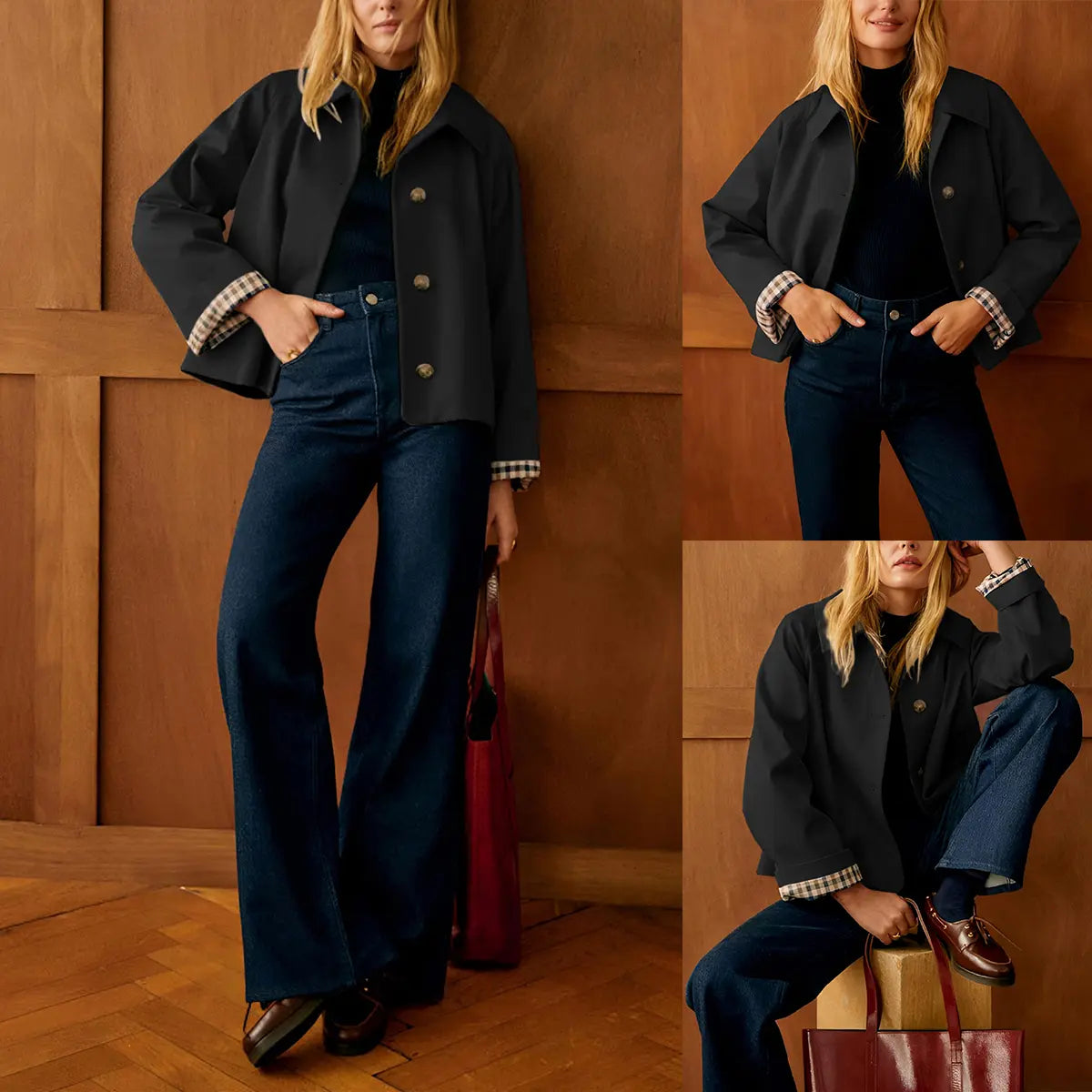 Women's Cropped Trench Coat – Classic Lightweight Jacket with Checkered Lining