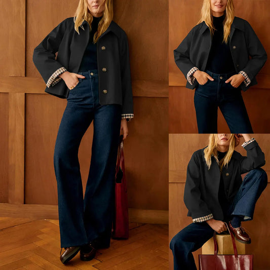 Women's Cropped Trench Coat – Classic Lightweight Jacket with Checkered Lining