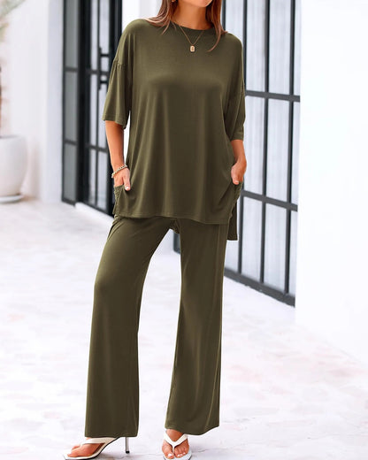 Loose-Fit 2-Piece Set – Short Sleeve Top & Wide-Leg Pants with Pockets