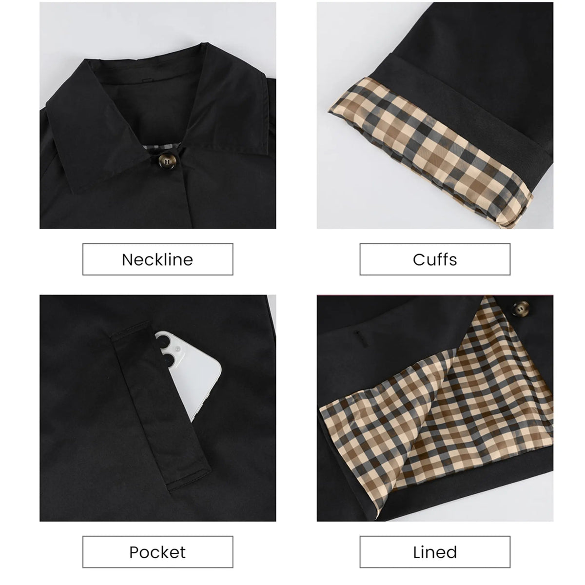 Women's Cropped Trench Coat – Classic Lightweight Jacket with Checkered Lining