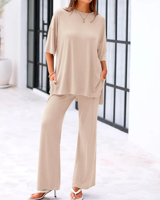 Loose-Fit 2-Piece Set – Short Sleeve Top & Wide-Leg Pants with Pockets