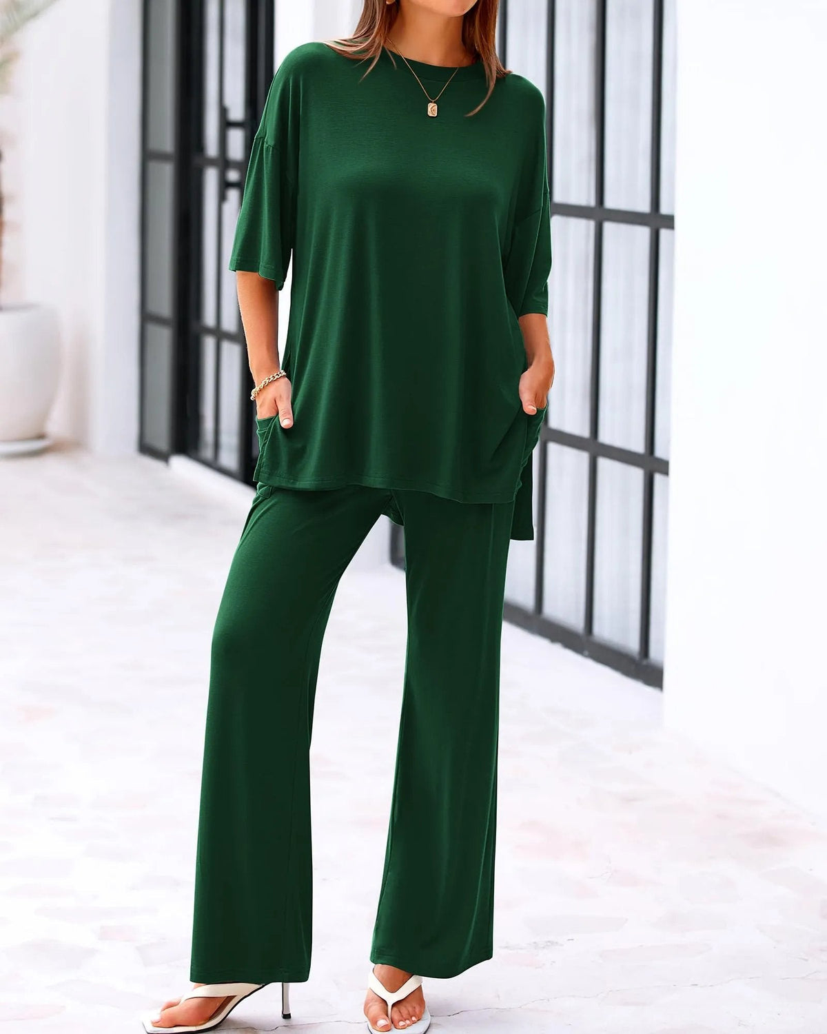 Loose-Fit 2-Piece Set – Short Sleeve Top & Wide-Leg Pants with Pockets