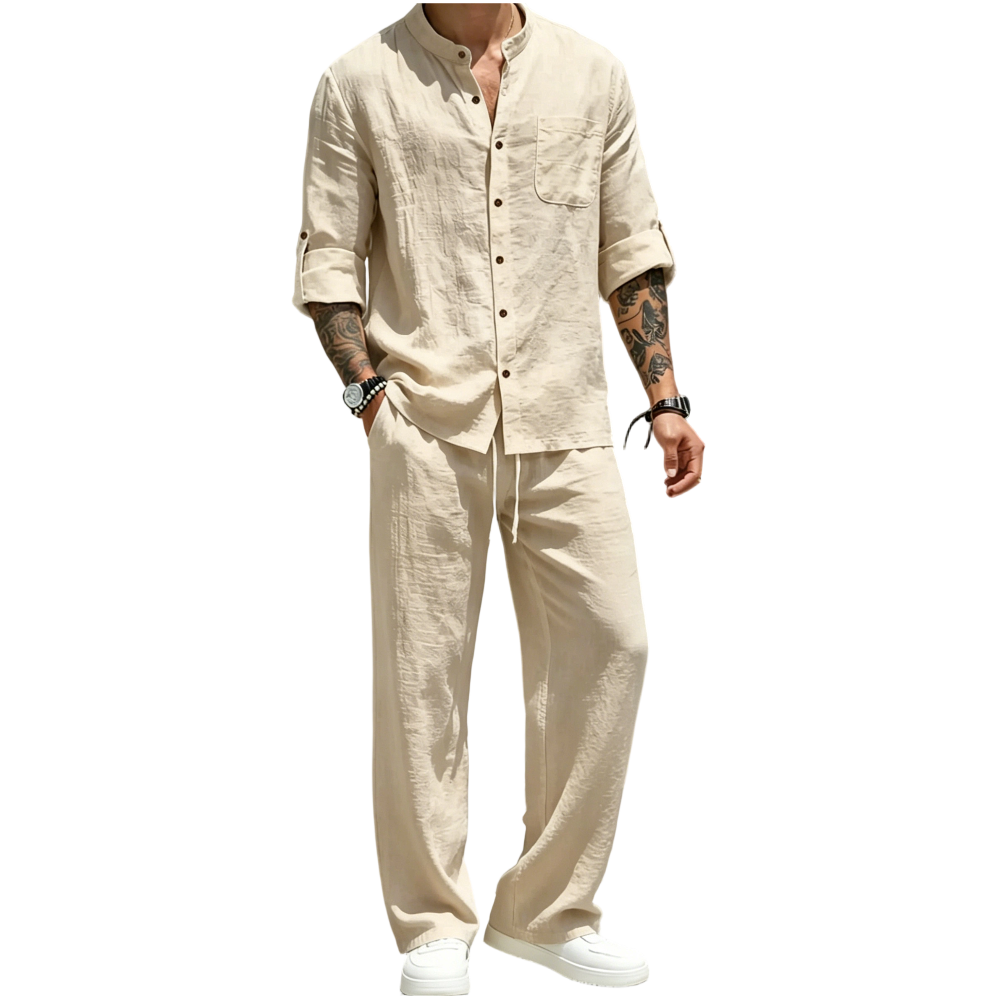 💝💝Men's Linen Stand Collar Long Sleeve Button Shirt & Straight Leg Belted Pants Set