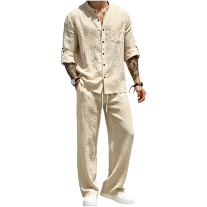 💝💝Men's Linen Stand Collar Long Sleeve Button Shirt & Straight Leg Belted Pants Set