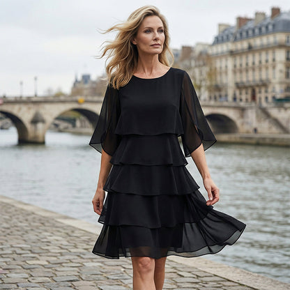 Ruffle Sleeve Swing Dress – Layered Detail, Crew Neck, Flowy Fit
