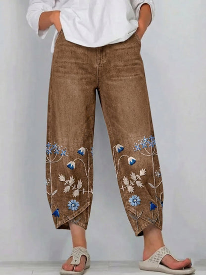 💝💝Women's cotton trousers with floral print in a boho style, casual, with an artistic pattern