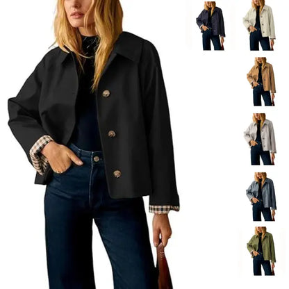 Women's Cropped Trench Coat – Classic Lightweight Jacket with Checkered Lining