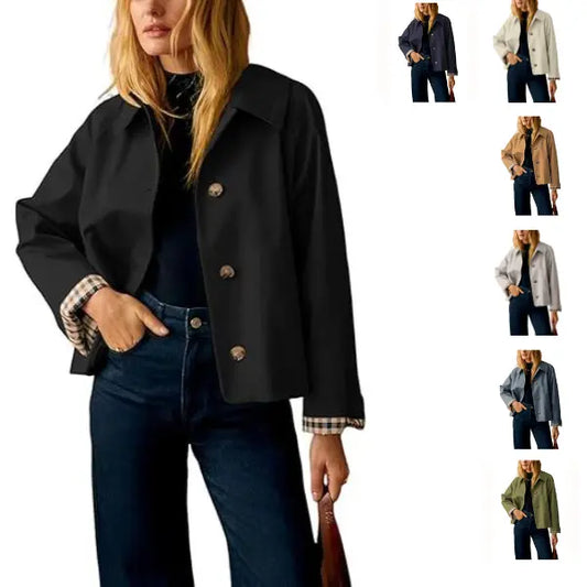 Women's Cropped Trench Coat – Classic Lightweight Jacket with Checkered Lining