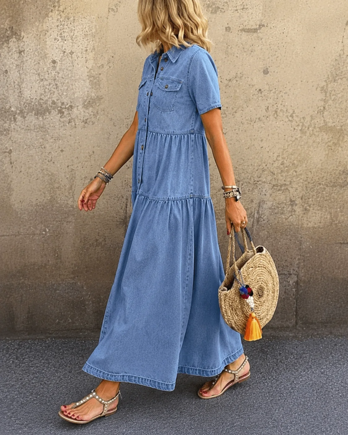 Women's Denim Button Front Midi Dress