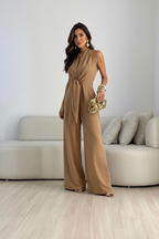 Women's Elegant Wide Leg Jumpsuit With Waist Tie