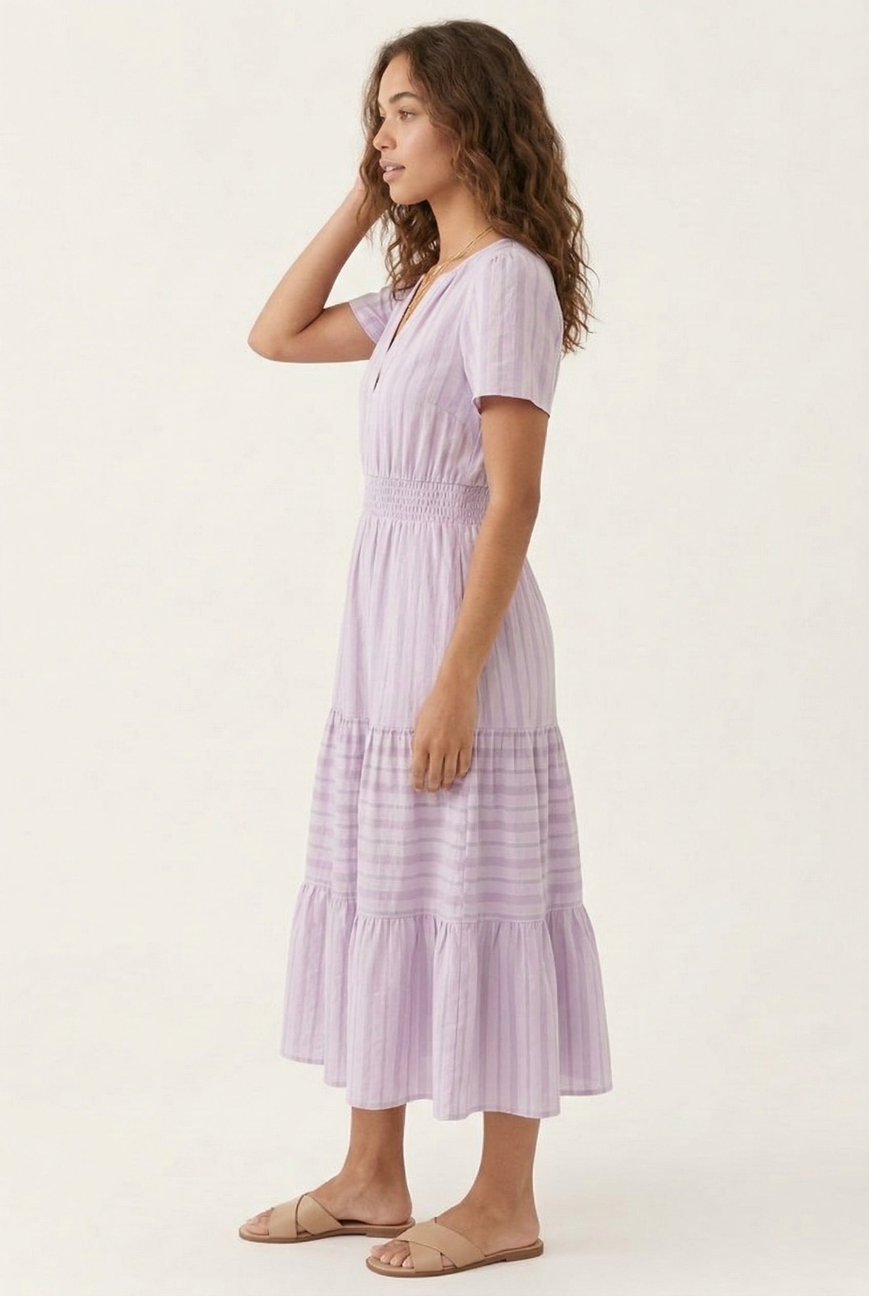 Smocked Waist Long Dress –  V-Neck, Puff Sleeves & Pockets