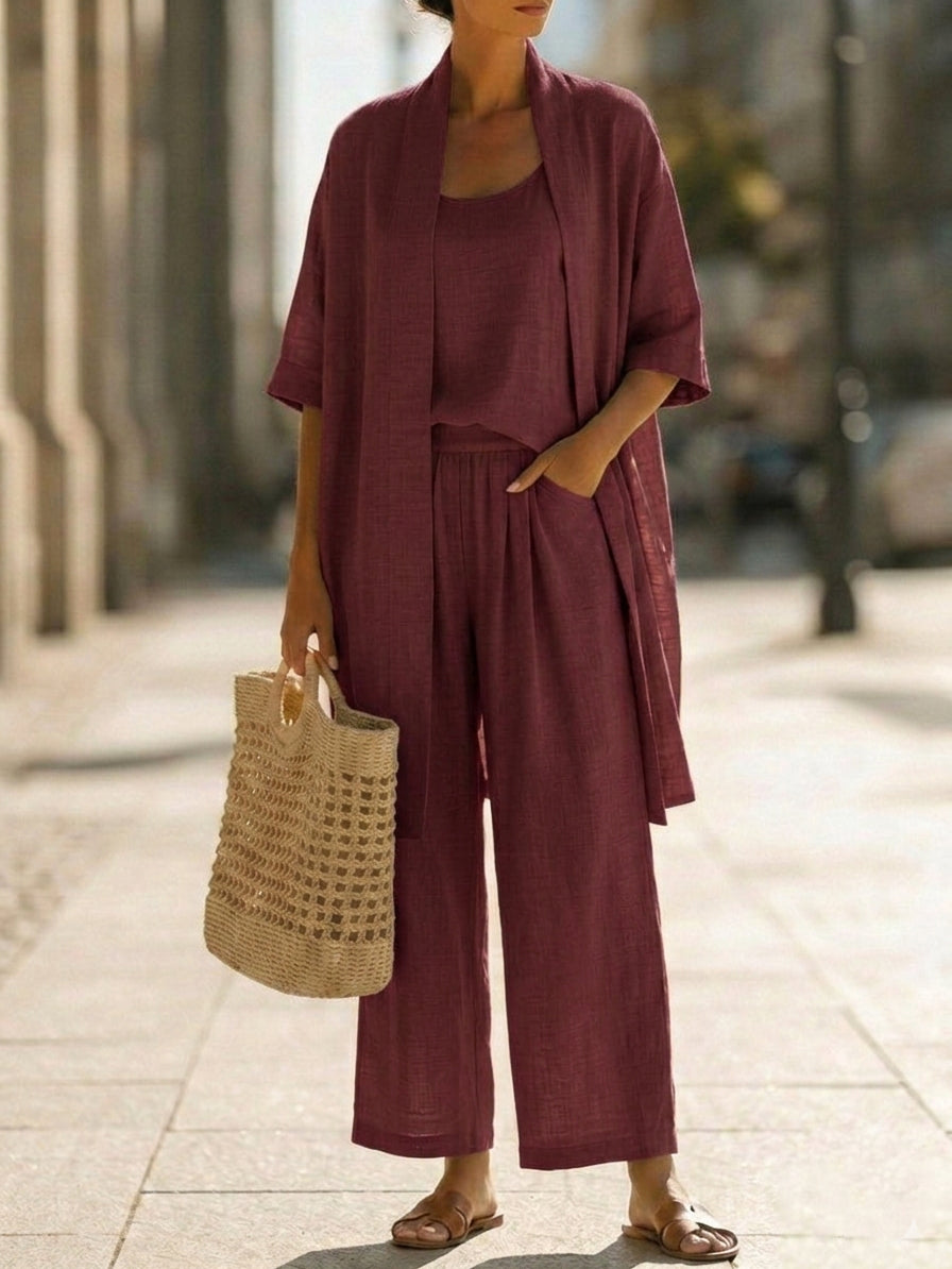 Women's Elegant 3 Piece Linen Set With Wide Leg Pants