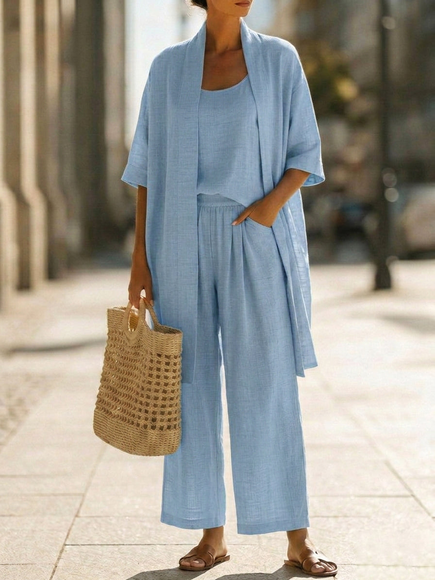 Women's Elegant 3 Piece Linen Set With Wide Leg Pants