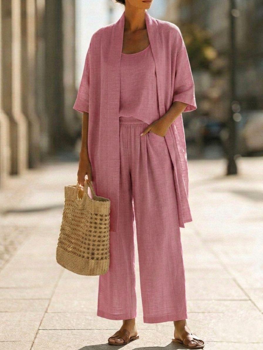 Women's Elegant 3 Piece Linen Set With Wide Leg Pants