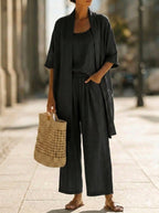Women's Elegant 3 Piece Linen Set With Wide Leg Pants