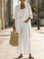 Women's Elegant 3 Piece Linen Set With Wide Leg Pants
