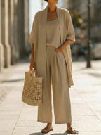 Women's Elegant 3 Piece Linen Set With Wide Leg Pants