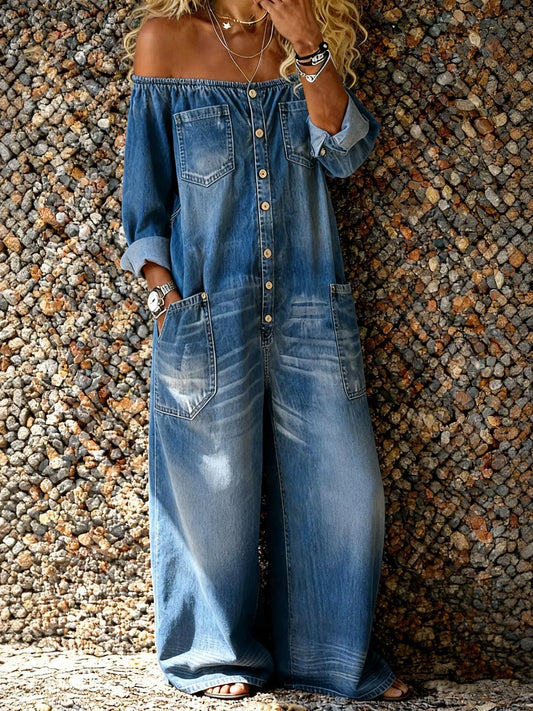 💝💝Women's Casual Long-sleeved Washed Cotton Denim Jumpsuit