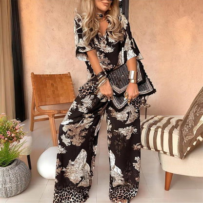 Printed V-Neck Top & Wide-Leg Pants Set – Floral Lounge Set