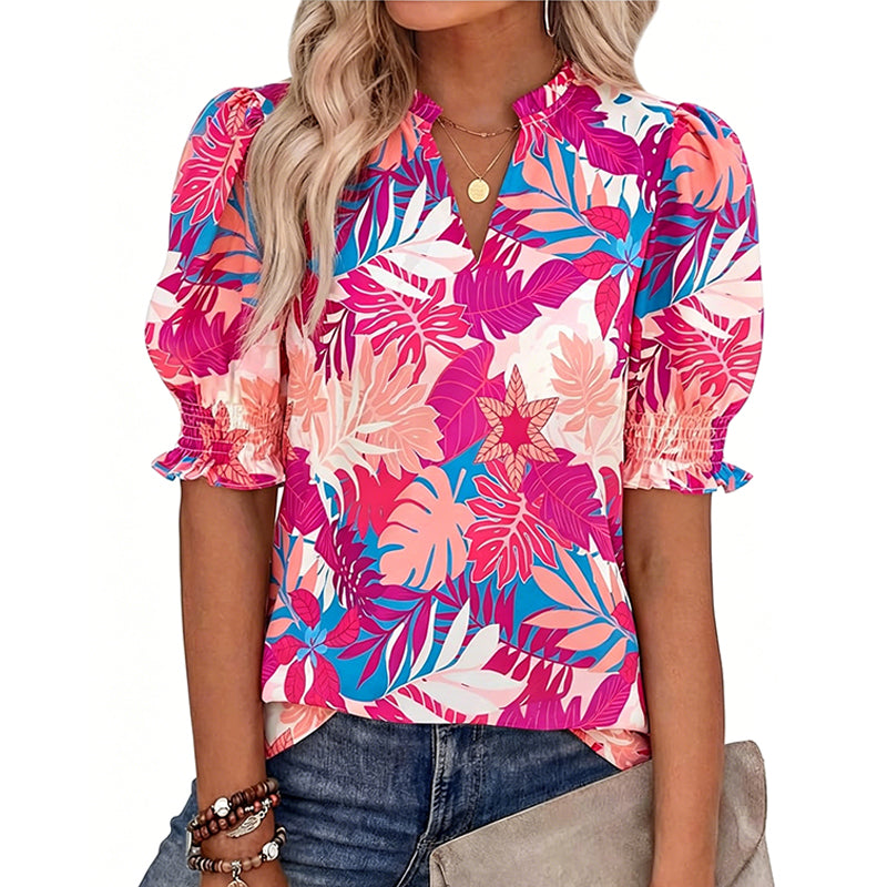 Floral Puff Sleeve Top – V-Neck, Relaxed Fit