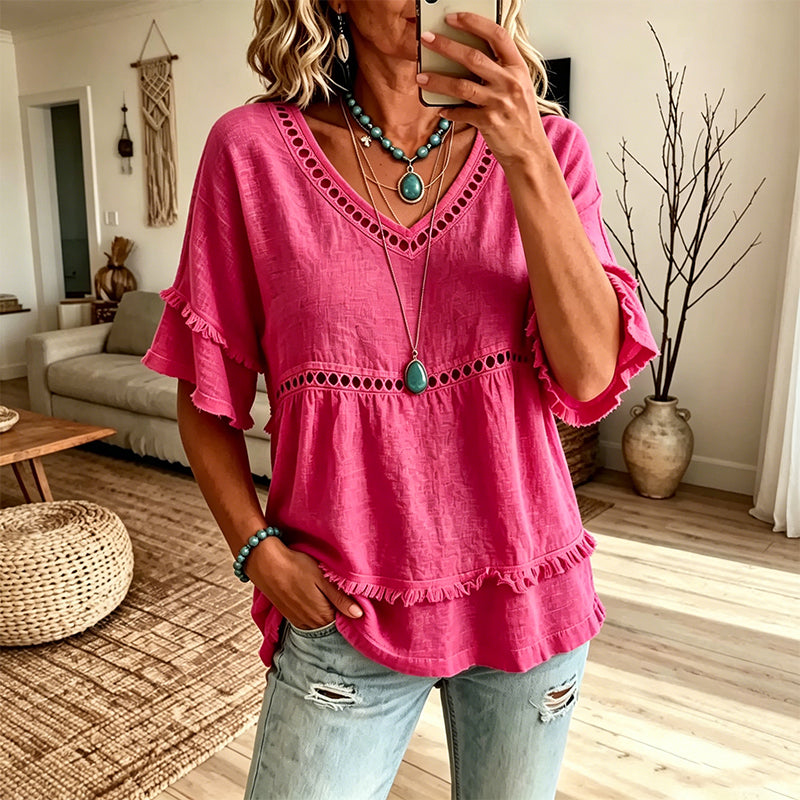 Women's Bohemian V Neck Embroidered Blouse