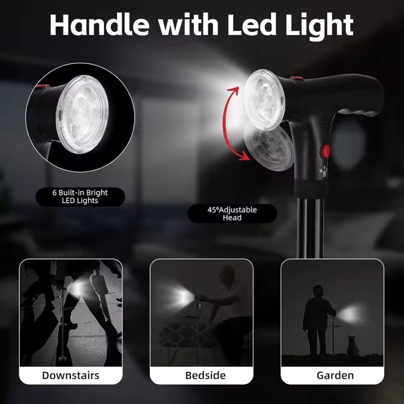 Multifunction Folding Walking Cane with LED Light & Alarm