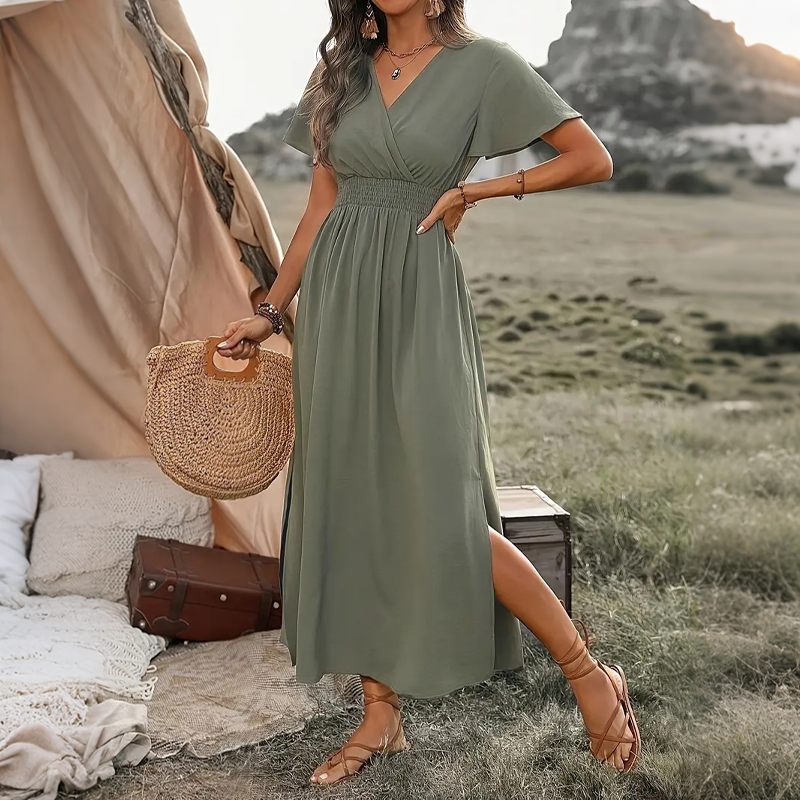 Women's Summer V Neck Side Slit Maxi Dress