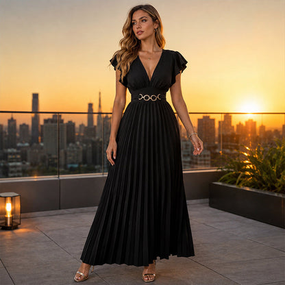 Women's Elegant V Neck Pleated Maxi Dress