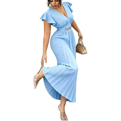 Women's Elegant V Neck Pleated Maxi Dress