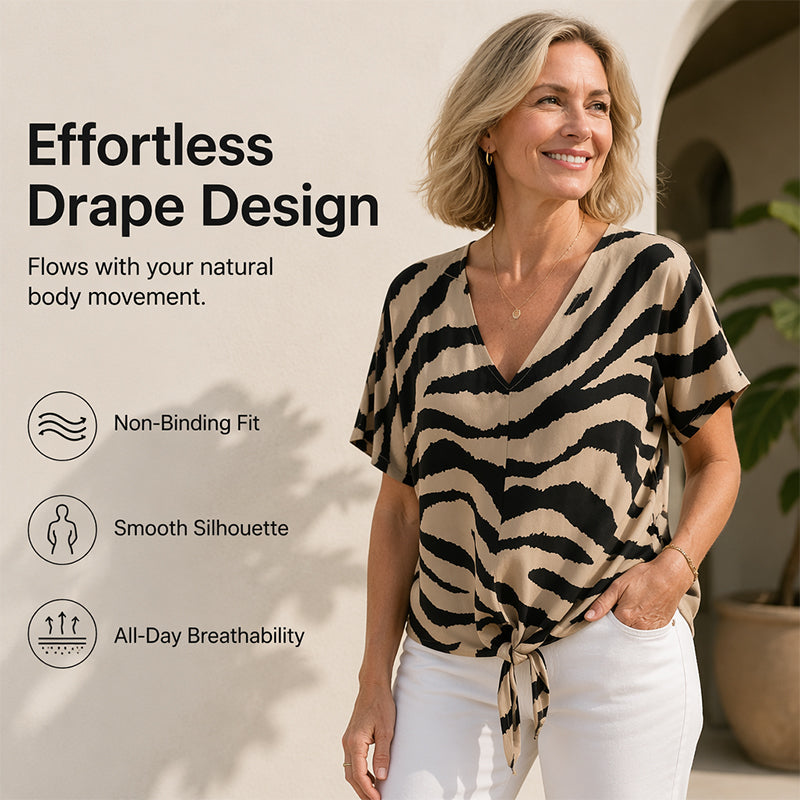 Women's V Neck Zebra Print Tie Front Casual T-Shirt