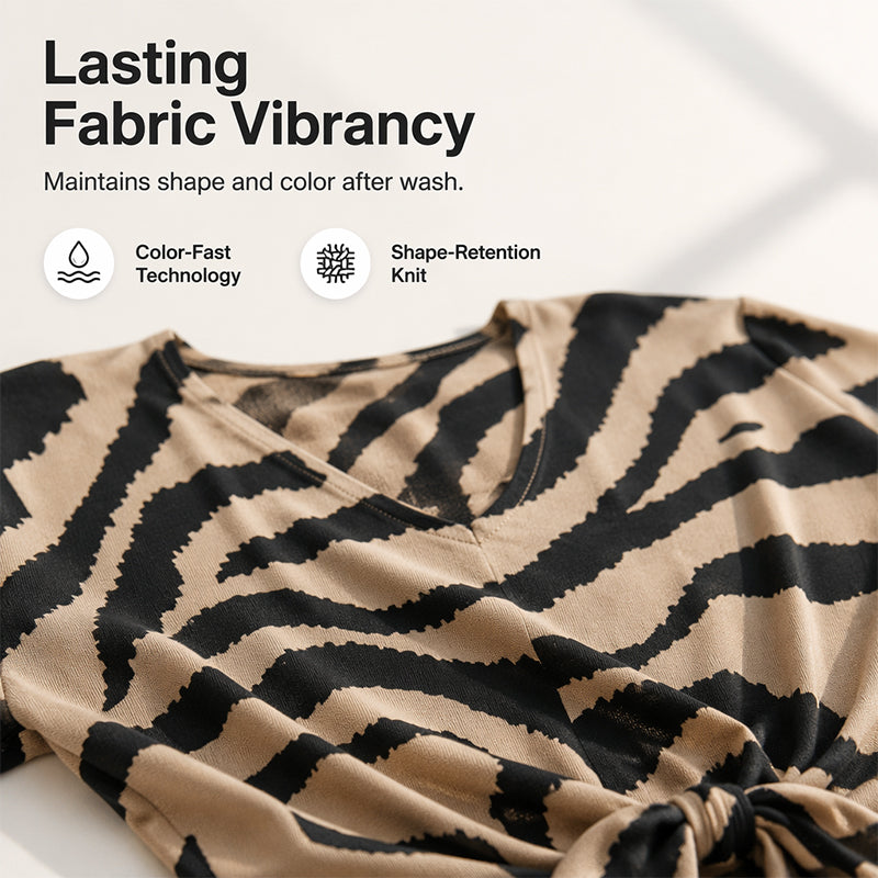 Women's V Neck Zebra Print Tie Front Casual T-Shirt