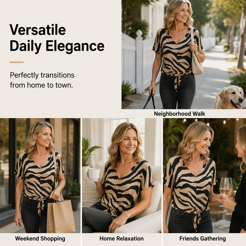 Women's V Neck Zebra Print Tie Front Casual T-Shirt